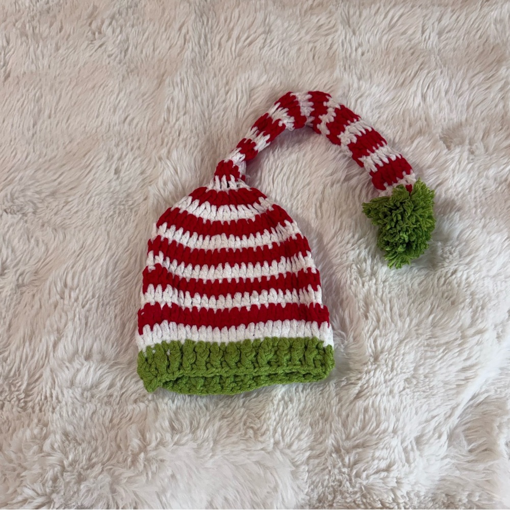 Handmade Knit Baby Christmas Elf Hat – Red & White Stripes, Green Pom Pom